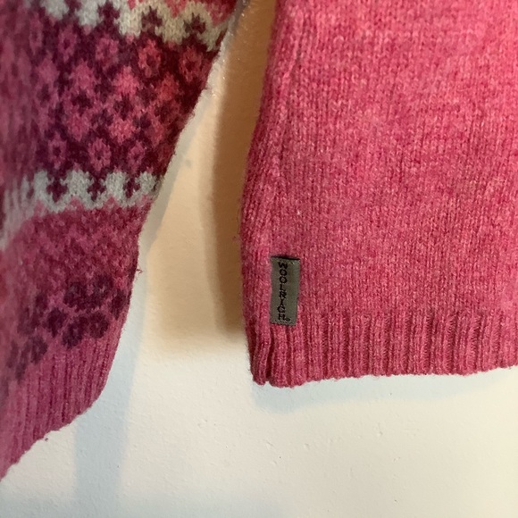 Woolrich Dahlia Sweater Women’s PL 100% Lambswool Pink Fair Isle Print Sleeves - Picture 4 of 12